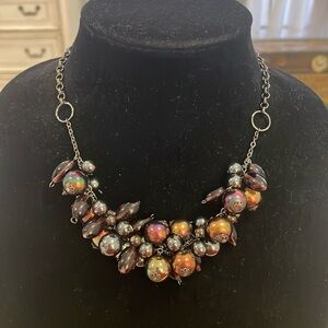Vintage Silver Tone Beaded Iridescent Choker Collar Pendant Statement Necklace